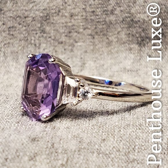 SOLID 925 Sterling Silver Purple Amethyst Elongated Hexagon Cut Ring - Picture 3 of 6